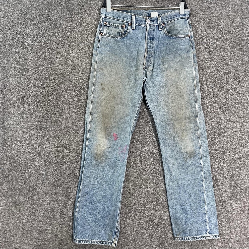 VTG Levis 501 Jeans Mens 31x30 Blue Light Wash Straight Distressed Stained Denim